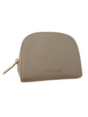 Love & Lore Pebbled Leather Wallet – Compact Beige Coin Purse with Mirror